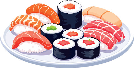 Delicious sushi assortment displayed on plate, vibrant japanese cuisine © frrlbt