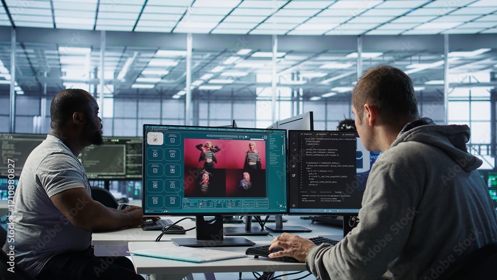 Poster engineer in server hub making ai software turning text prompt into photos. technician in data center
