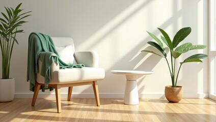 Cozy white armchair with a lush green blanket draped artfully, featuring elegant wooden legs and a soft white pillow atop, nestled against a pristine white backdrop.  