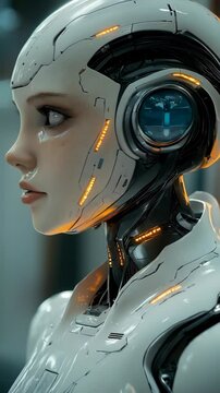 Vertical video Beautiful Futuristic Android Woman & Control Room. Female Robot. Cyborg with AI. Artificial Intelligence, Science Fiction, Machine Learning