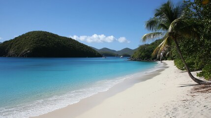 Naklejka premium Tropical beach, calm turquoise water, palm trees, island hills, boats offshore, idyllic vacation