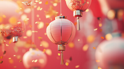 Pink lanterns and golden confetti celebrate a festive occasion.