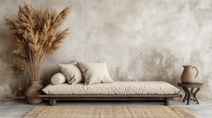 Warm neutral wabi sabi style interior mockup with low sofa, jute rug, ceramic jug, side table and dried grass decoration on empty concrete wall background. 3d rendering