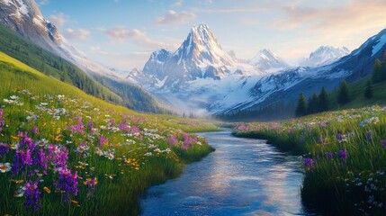 Majestic mountain sunrise, wildflowers, stream, valley. Ideal for travel brochures
