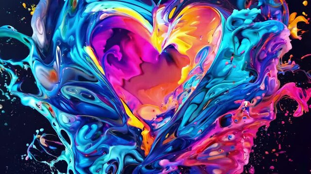 Abstract heart splashing with neon colors against a dark background, blending water and paint in a burst of emotion. ai