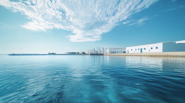 Coastal town harbor sunrise, clear sky, calm sea, waterfront buildings, travel brochure