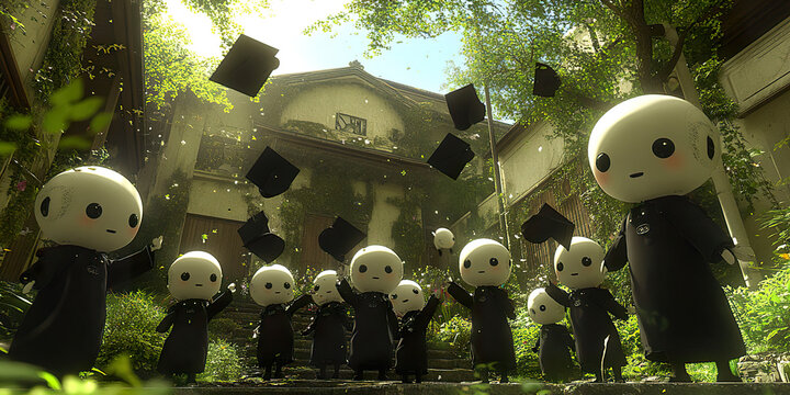 Small animated characters celebrating graduation, tossing caps into the air in a picturesque natural setting. Generated with AI.