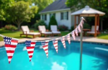 Backyard pool party decorated with American flags for festive celebration. Relaxing ambiance. Lawn chairs, gazebo surrounding pool. Green plants, house visible in background. Festive summer party