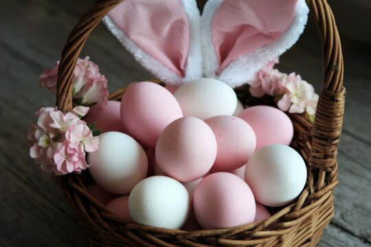 Basket with bunny ears and easter eggs, holiday and celebration concept.
