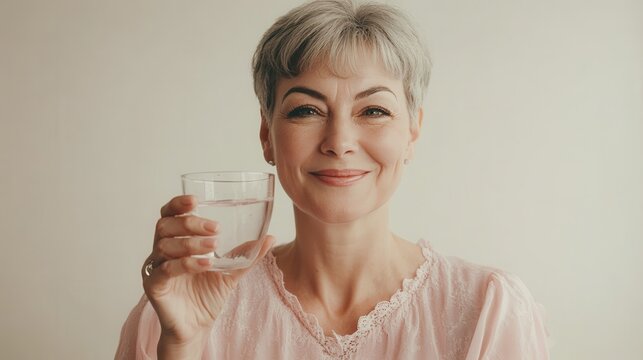 Smiling happy healthy middle aged 50s woman holding glass of water taking dietary supplement vitamin pink pill isolated on white background. Old women multivitamins antioxidants for anti age beauty.