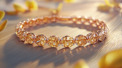 Golden gemstone bracelet, wood, petals, sunlight, jewelry advertising