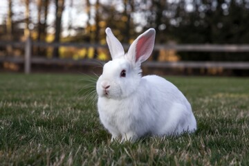 Rabbit sitting sitting in a green field, wooden fence and trees in the background, easter concept.
