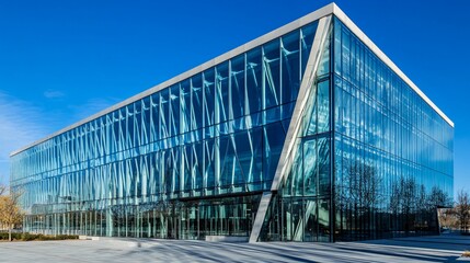 Modern glass building, city campus, sunny day, trees, corporate architecture