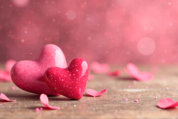 Fototapeta premium red and pink hearts lie on a simple wooden background. pink blurred background with place for text.