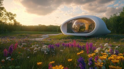 Futuristic Eco-Friendly Home Surrounded by Vibrant Wildflowers Under a Stunning Sunset Sky, Combining Nature and Modern Architecture in Perfect Harmony