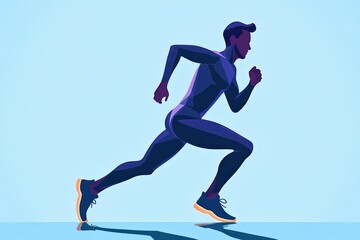 Dynamic Silhouette of a Male Runner in Motion Against a Bright Blue Background, Capturing the Essence of Fitness, Speed, and Athleticism