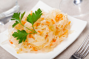 Tasty sauerkraut with parsley. Traditional russian dish