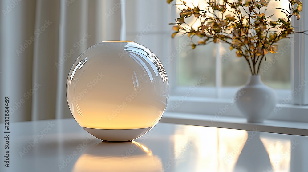 Poster Illuminated sphere lamp on a table by window.