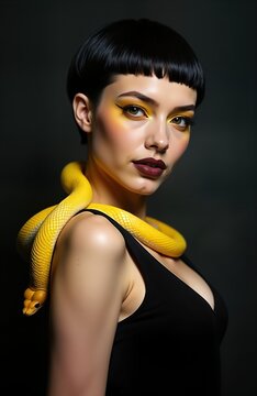 Attractive woman with short dark hair, striking yellow eye makeup poses with yellow python wrapped around neck. Fashion model shows extravagant style. Studio portrait captures beauty, exoticism.