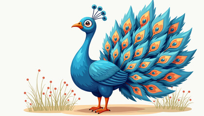 Fototapeta premium Colorful peacock displaying feathers in a grassy landscape