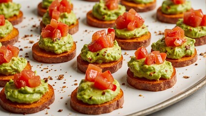 Vibrant sweet potato rounds with avocado tomatoes and chili flakes