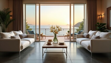 Fototapeta premium An elegantly styled interior scene features a rich brown wooden coffee table adorned with pristine white calla lilies, flanked by matching white sofas, creating a serene and inviting atmosphere