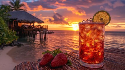 Tropical sunset beach bar cocktail drink