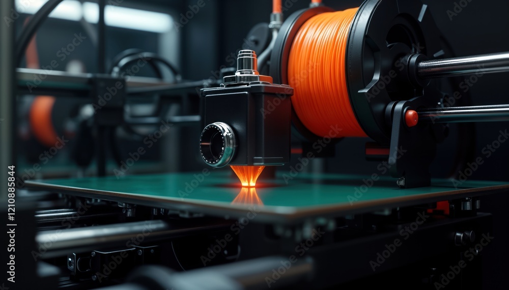 Aufkleber modern 3d printer in action. orange filament feeds into machine. advanced tech used in production. c