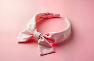 Pink headband with bow sits on soft pink background. Simple accessory. Perfect for everyday use. Stylish, romantic accessory for girls, women. Ideal for makeup skin care routines. Gentle pastel pink