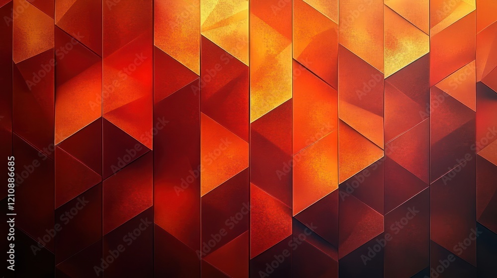 Poster geometric abstract background with rich red orange colors and 3d effect featuring shadows and metall