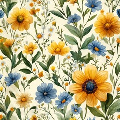 Tranquil Wildflower Paradise - A Seamless Pattern of Vibrant Garden Blooms and Lush Greenery to Delight the Senses
