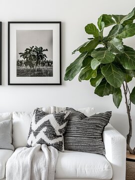 Design sofa, tropical plant, pillows, blanket, gramophone, and mock up picture frames are all featured in this stylish Scandinavian white room. Modern living area with white walls and brown oak parqu