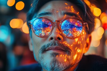  Man with reflective glasses and festive lights for Lunar New Year celebration at night, joyful holiday atmosphere