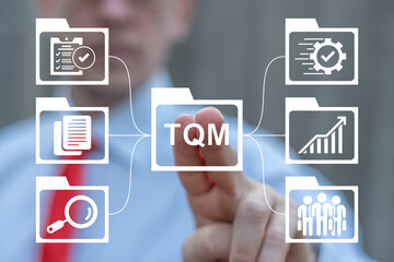 Business person working on virtual touch screen push text: TQM. Total Quality Management (TQM) Business Concept. Management approach to long-term success through customer satisfaction, sustainability.