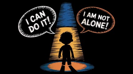 Boy Silhouette Under Spotlight with Encouraging Text, Creative Illustration  on Social Anxiety and Confidence, Uplifting Boy Silhouette on Stage
