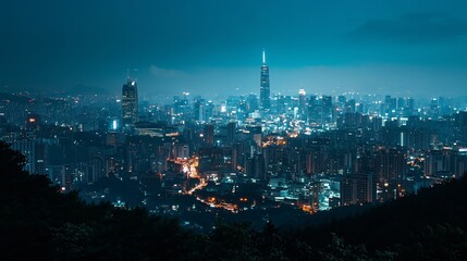 Naklejka premium Night cityscape, mountain view, urban lights, hazy skyline, travel poster