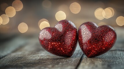 Fototapeta premium Two glitter hearts on rustic wood with bokeh background for romance