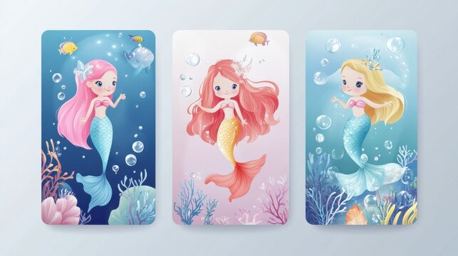 Mermaid invite cards. Children invitation, birthday party or postcards posters with mermaids and fish. Underwater tale characters on nowaday vector baby banners