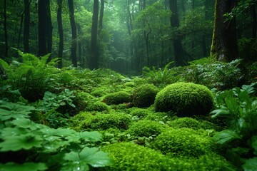 Fototapeta premium dense vibrant forest teeming with a variety of plants and trees showcasing rich green moss and fern foliage creating an enchanting ecological environment