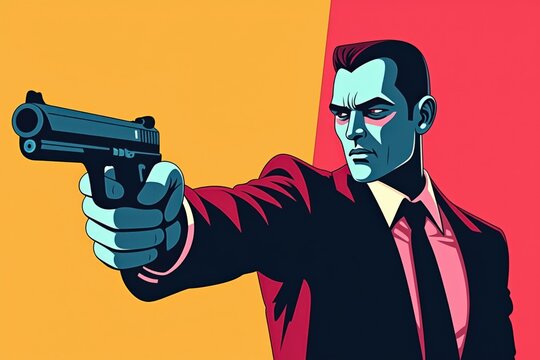 Stylized Illustration of a Serious Man in a Suit Pointing a Handgun Against a Bold Split Color Background, Evoking Tension and Drama