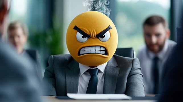 An angry cartoon emoji head on a suited man's body reflects frustration in a corporate meeting.