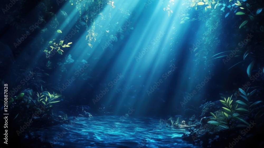 Aufkleber enchanted forest with sunlight streaming through trees illuminating a calm water pool surrounded by 