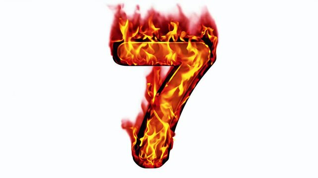 blazing number seven engulfed in bright flames continuously rotating against a transparent alpha channel for seamless video integration into fiery themed visuals