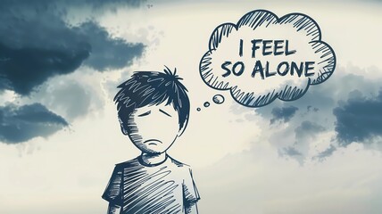 Sad Boy Silhouette with Thought Bubble, Emotional Boy Under Cloudy Sky, Blue-Hued Boy Silhouette with Lonely Thought