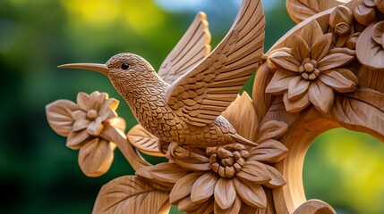Naklejka premium Wooden hummingbird carving, floral detail, garden background, home decor