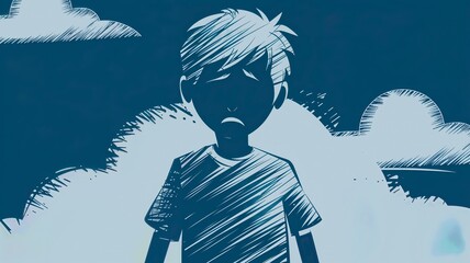 d Boy Silhouette with Blue Sky Backdrop, Emotional Silhouette of Sad Boy Under a Cloudy Sky