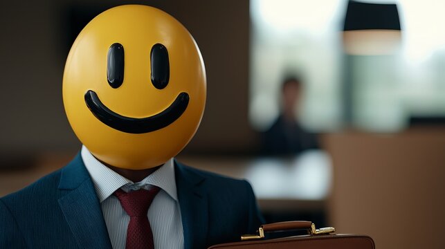 A man dressed in a suit with a large smiley face mask holding a briefcase, conveying a mix of professionalism and whimsy.