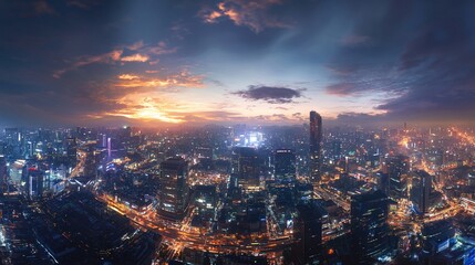 Fototapeta premium Sunset panoramic cityscape, twilight city, vibrant skyline, dramatic clouds, urban sprawl, aerial view