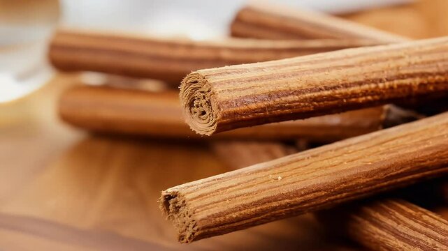 rotating close up of cinnamon sticks arranged in a decorative pattern showcasing their warm aroma and rich brown texture in a food themed animation