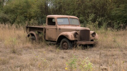 Rusted vintage pickup truck abandoned in overgrown field.